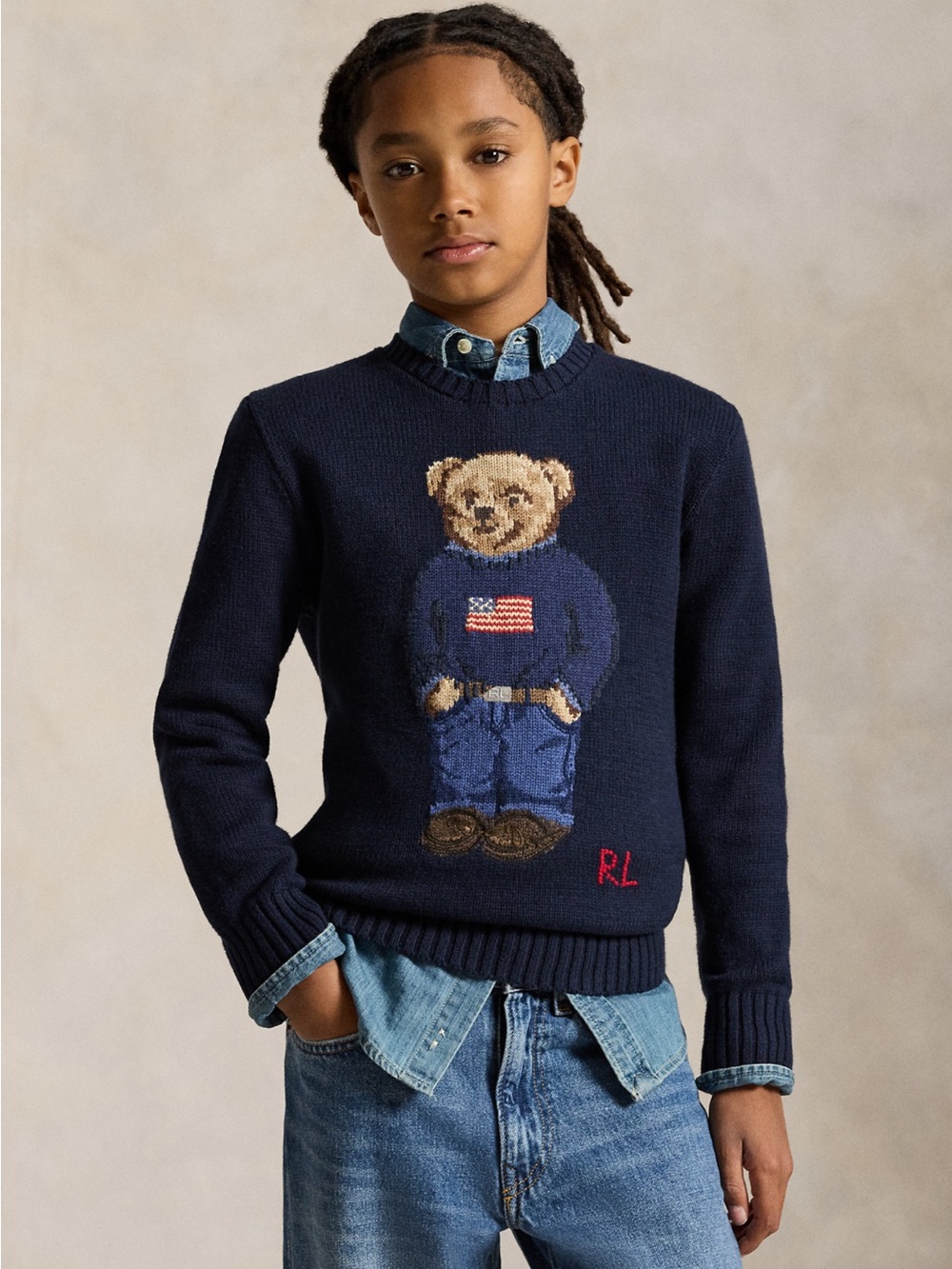 POLO Ralph Lauren Boys Navy Blue Classic Bear Knit Sweater 7/8 EUC - Picture 2 of 3